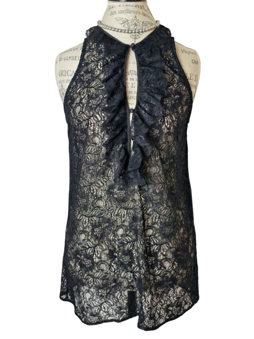 Kenar Womens L Sheer Lace Halter Top Black Baroque Ruffled Gothic Dk Fairy Roman